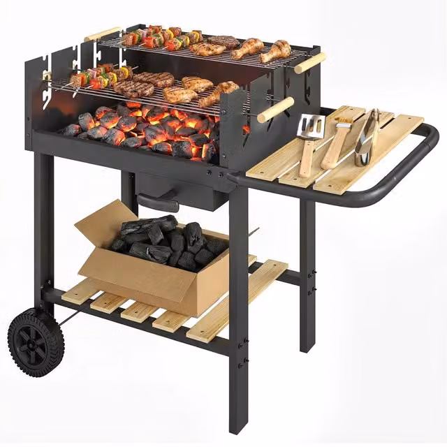 Barbecue a carbone XYLO nero con griglia regolabile a 4 altezze e ruote L: 99,5 cm, P: 58 cm, H: 82 cm