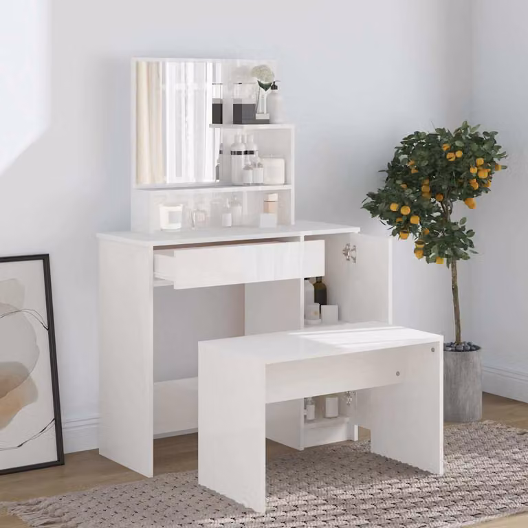 Set Tavolo da Toeletta vidaXL Bianco Lucido L: 86,5 cm, P: 35 cm, H: 136 cm