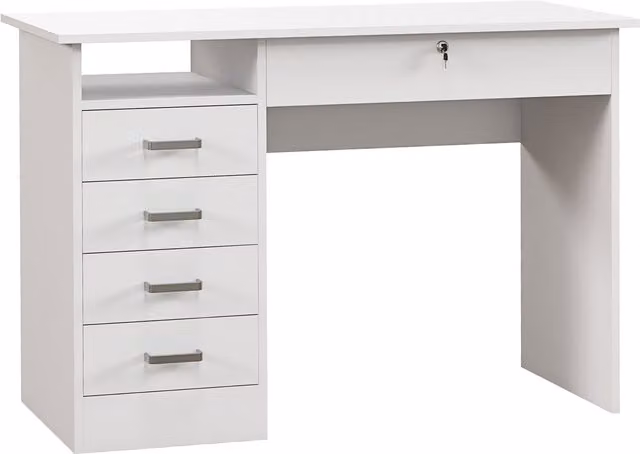 Scrivania Moderna HOMCOM con 5 Cassetti e Scomparto Aperto con Serratura, Bianco, L: 110 cm, P: 50 cm, H: 76 cm