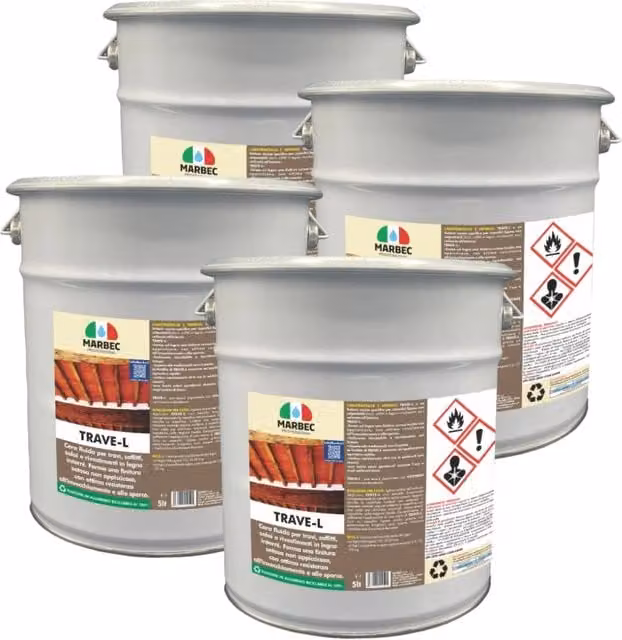 Finitore ceroso Marbec TRAVE-L trasparente satinato per travi e rivestimenti in legno confezione da 4 x 5 l