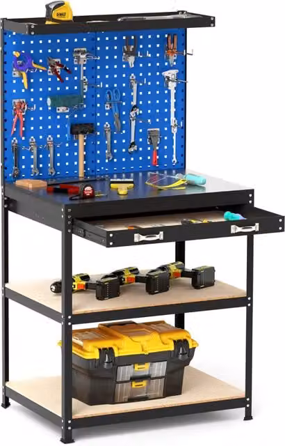 Banco da lavoro in metallo con 2 pegboard, cassetto e mensole Blu Navy L: 225 cm, P: 81 cm, H: 41 cm