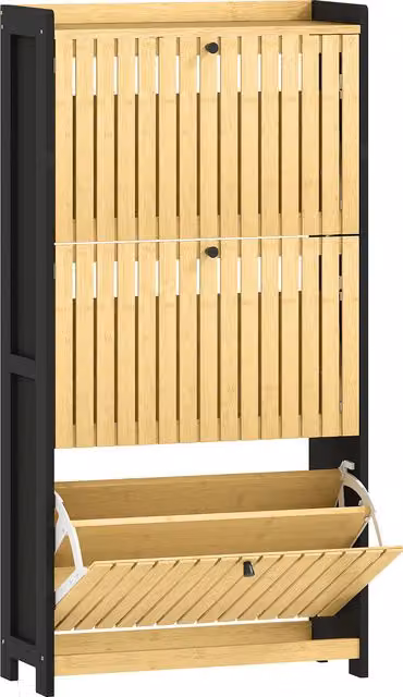 Scarpiera HOMCOM con 3 cassetti ribaltabili e ante a griglia in bambù, Nero e legno naturale, L: 60 cm, P: 24 cm, H: 118 cm