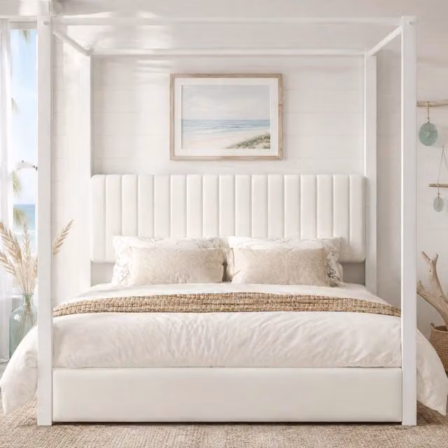 Letto matrimoniale a baldacchino MODFU in velluto beige e bianco con struttura in metallo e MDF, L/P: 180 x 200 cm