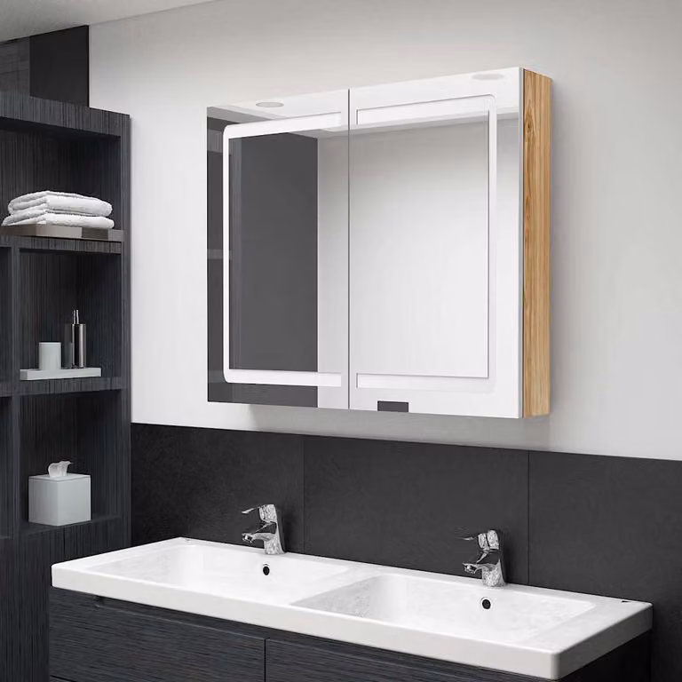 Armadietto da bagno con specchio e illuminazione LED vidaXL, Bianco e Rovere, L: 80 cm, P: 12 cm, H: 68 cm