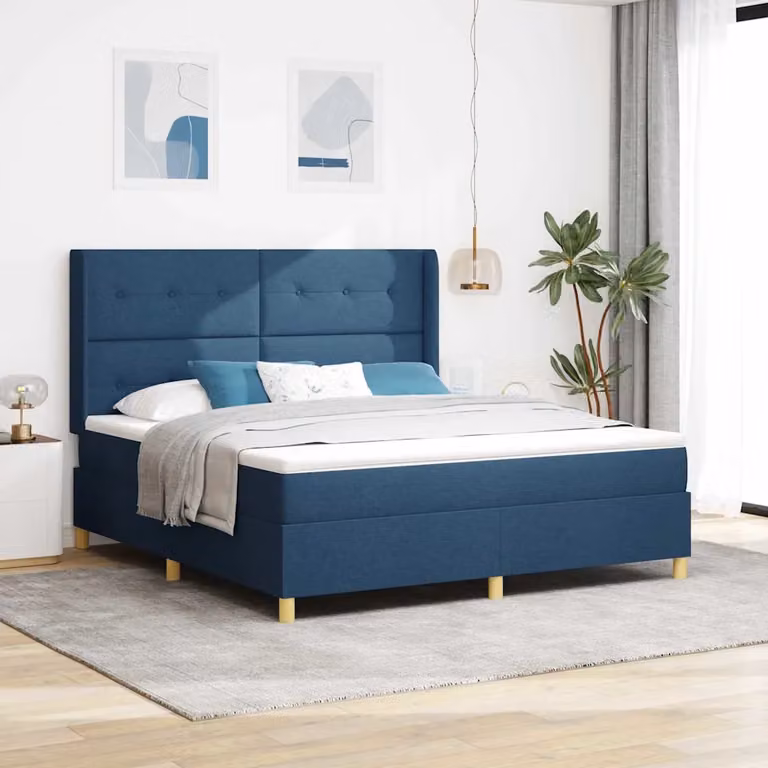 Letto a molle con testiera vidaXL in tessuto blu e dettagli oro, L/P: 180 x 200 cm