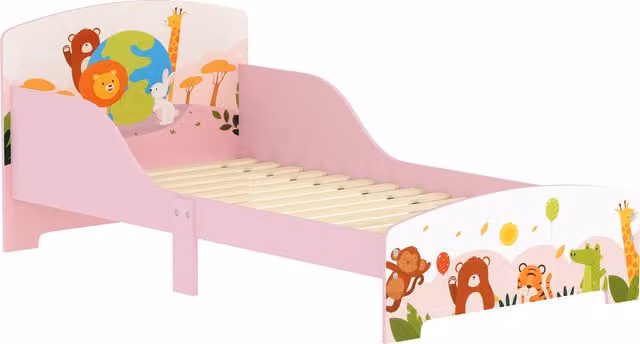 Lettino per bambini AIYAPLAY in legno con sponde di sicurezza, Rosa, L: 143 cm, P: 77 cm, H: 60 cm