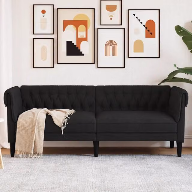 Divano Chesterfield a 3 Posti vidaXL in Tessuto Nero L: 201.5 cm, P: 74.5 cm, H: 74.5 cm