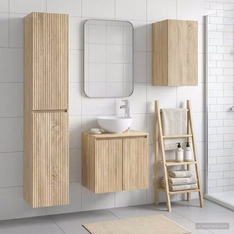 Set di mobili da bagno moderni vidaXL in 3 pezzi colore marrone con pensile e colonna alta