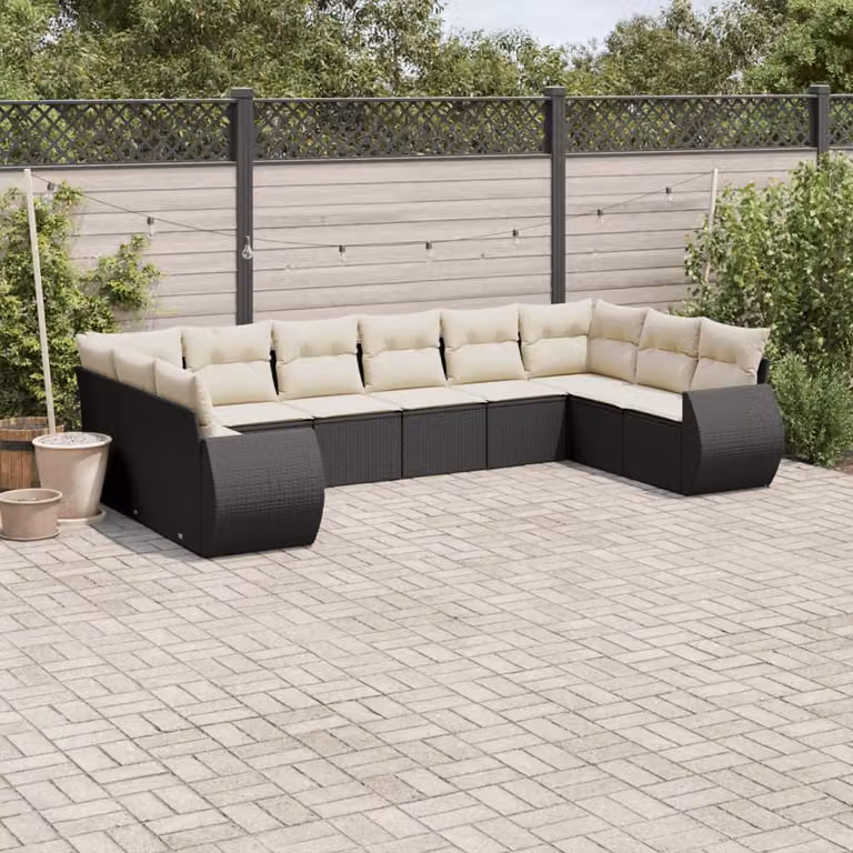 vidaXL Set Divani da Giardino 10 Pezzi in Polyrattan Nero con Cuscini Imbottiti e Rivestimenti Rimovibili