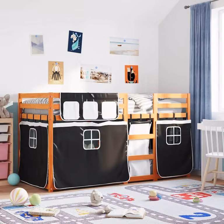 Letto a Castello vidaXL in Legno di Pino Massello per Bambini, Marrone, Nero e Bianco, 90x190 cm