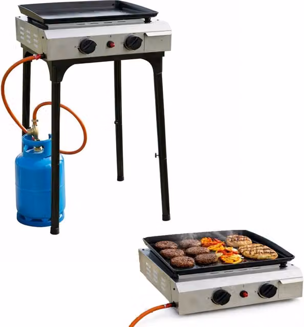 Barbecue a Gas SOLEILUX con 2 Bruciatori da 2.4kW e Plancha Smaltata, Colore Argento, Portatile da Appoggio o con Piedistallo, Accensione Piezo e Vassoio Raccogli Grasso