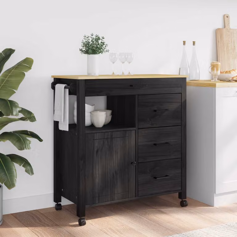 Carrello da cucina moderno vidaXL MONZA in legno di pino nero L: 84 cm, P: 40 cm, H: 88,5 cm