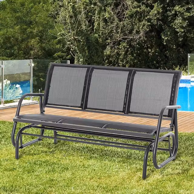 Panca Oscillante REDOM in Metallo Nero con Tessuto Textilene per 3 Persone L: 147 cm, P: 75 cm, H: 85 cm