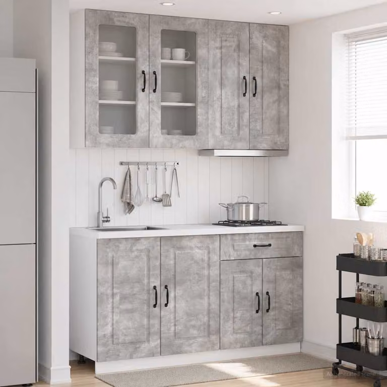 Set di unità cucina moderna vidaXL KALMAR in 4 pezzi, colore grigio, con ante in vetro e finitura opaca, realizzata in MDF