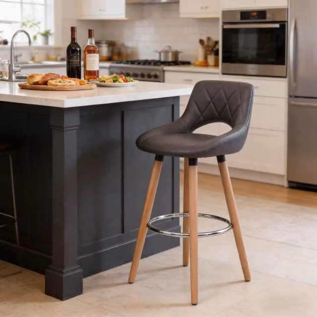Sgabello da bar ergonomico OKWISH in similpelle nero e grigio con schienale e piedini in legno per cucina e soggiorno