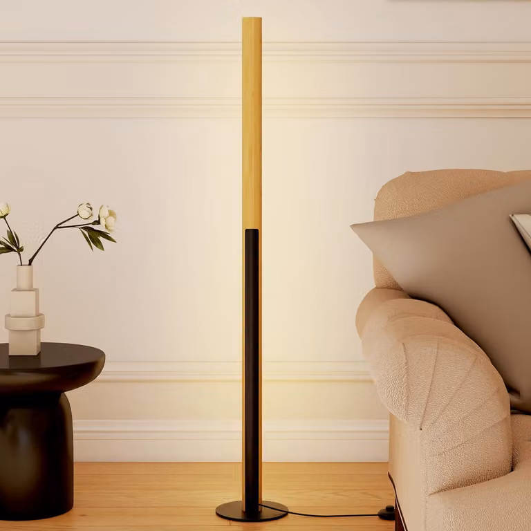 Costway Lampada da pavimento in bambù e legno nera con LED dimmerabile e paralume cilindrico bianco per soggiorno in stile mid-century