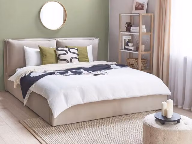 Letto matrimoniale moderno BELIANI in tessuto beige con vano contenitore a sollevamento L/P/H: 180 x 200 x 235 cm