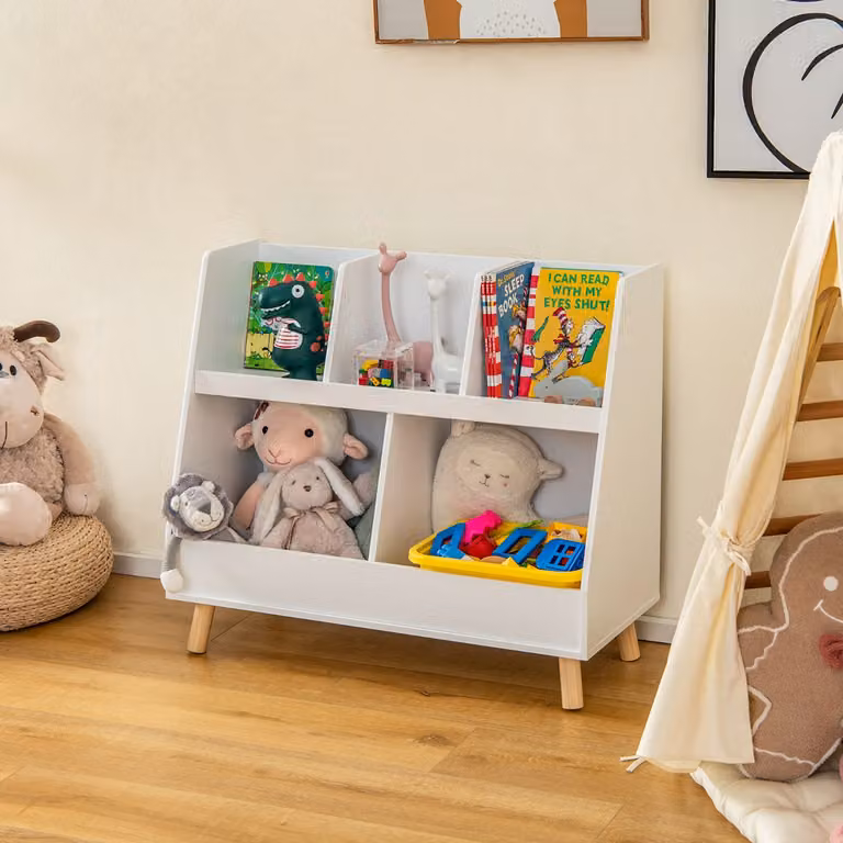Libreria per bambini Costway a 5 cubi con gambe in legno e pannello posteriore, Organizzatore per cameretta Bianco