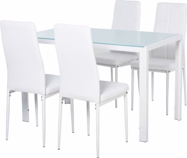 Set da pranzo HOMCOM composto da 1 tavolo rettangolare in vetro temperato e 4 sedie imbottite in finta pelle, design moderno in metallo e vetro, colore bianco