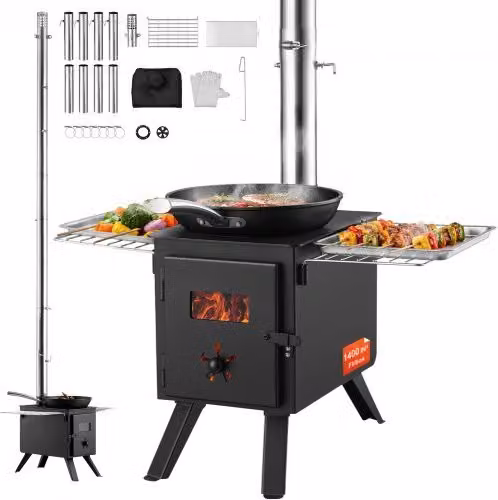 Stufa a legna portatile VEVOR in acciaio nero per tenda da campeggio con 8 tubi per riscaldamento e cucina all'aperto
