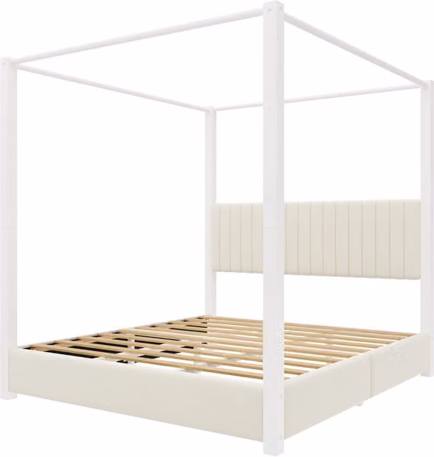 Letto Matrimoniale Moderno con Struttura a Baldacchino e Testiera in Velluto Beige e Bianco L: 181 cm, P: 198 cm, H: 206 cm