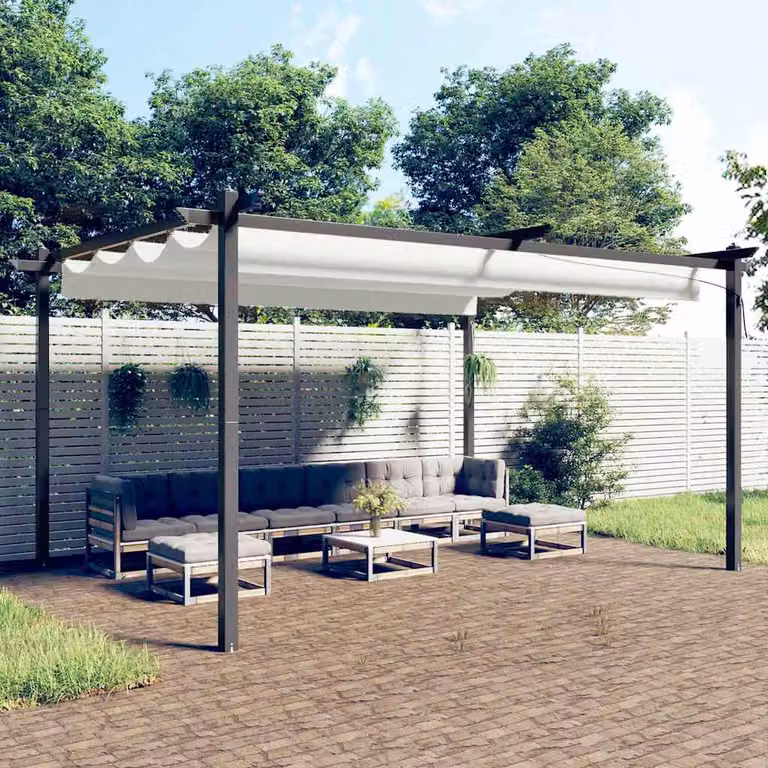 Pergola da Giardino vidaXL con Tetto Retrattile in Poliestere e Acciaio, Beige/Bianco, L: 400 cm, P: 300 cm, H: 220 cm