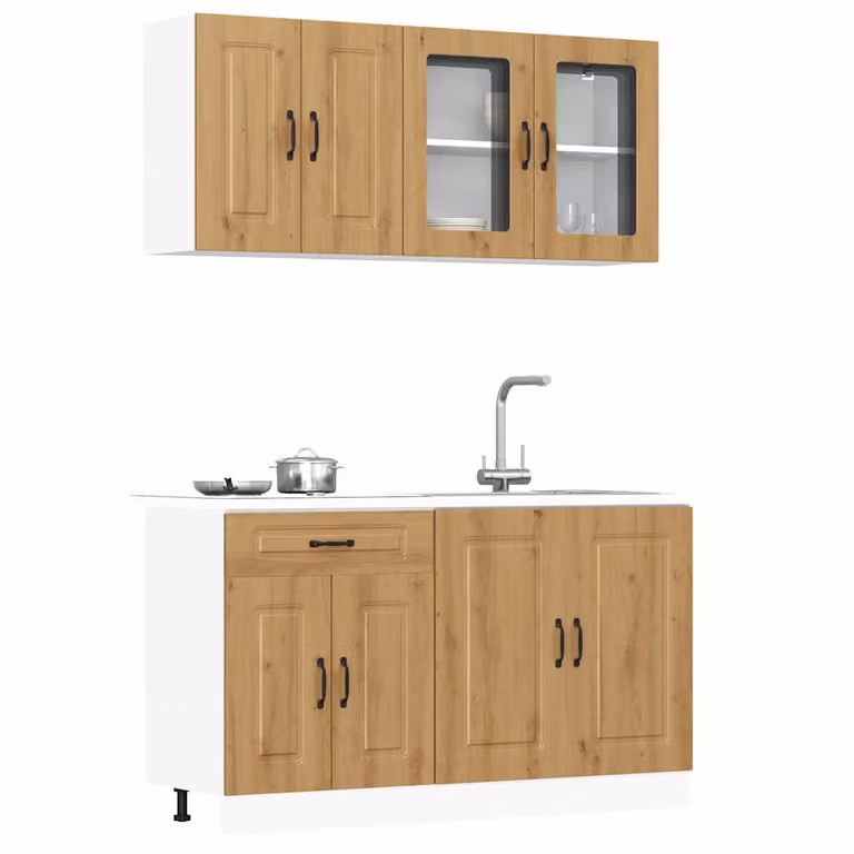 Set di mobili da cucina vidaXL Kalmar composto da 4 pezzi in stile country house, colore marrone, con ante in vetro e ripiani interni