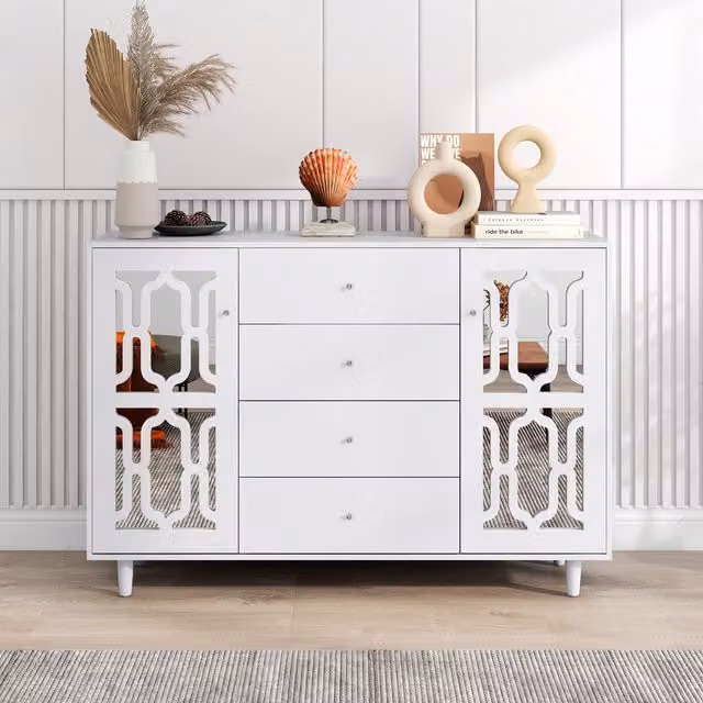 Credenza Specchiata Aosom con Maniglie a Cristallo, 2 Ante con Ripiani Mobili e 4 Cassetti Centrali, Bianco, L: 147,5 cm, P: 40 cm, H: 102 cm