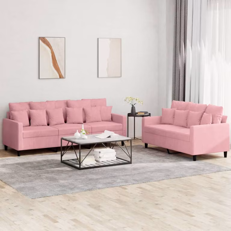 Set di divani vidaXL composto da un divano a 2 posti e uno a 3 posti in velluto rosa con cuscini coordinati per il tuo soggiorno