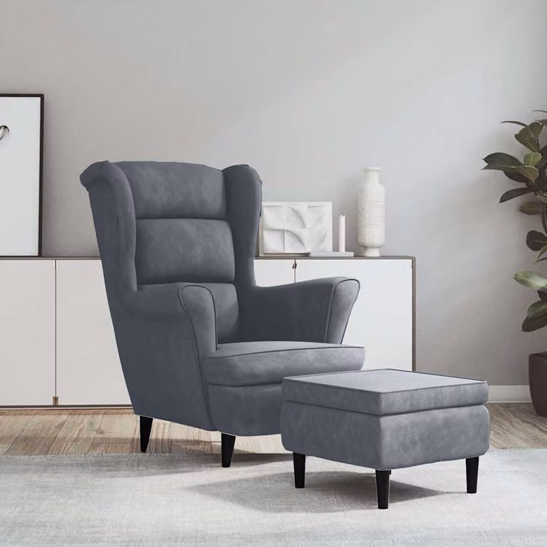 vidaXL Poltrona Schienale ad Ala con Poggiapiedi in Velluto Grigio con Struttura in Legno L: 96,5 cm, P: 78,0 cm, H: 90,0 cm