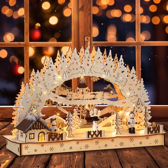 Arco natalizio Monzana in legno color marrone e multicolore con decorazione piccolo paese per tavolo