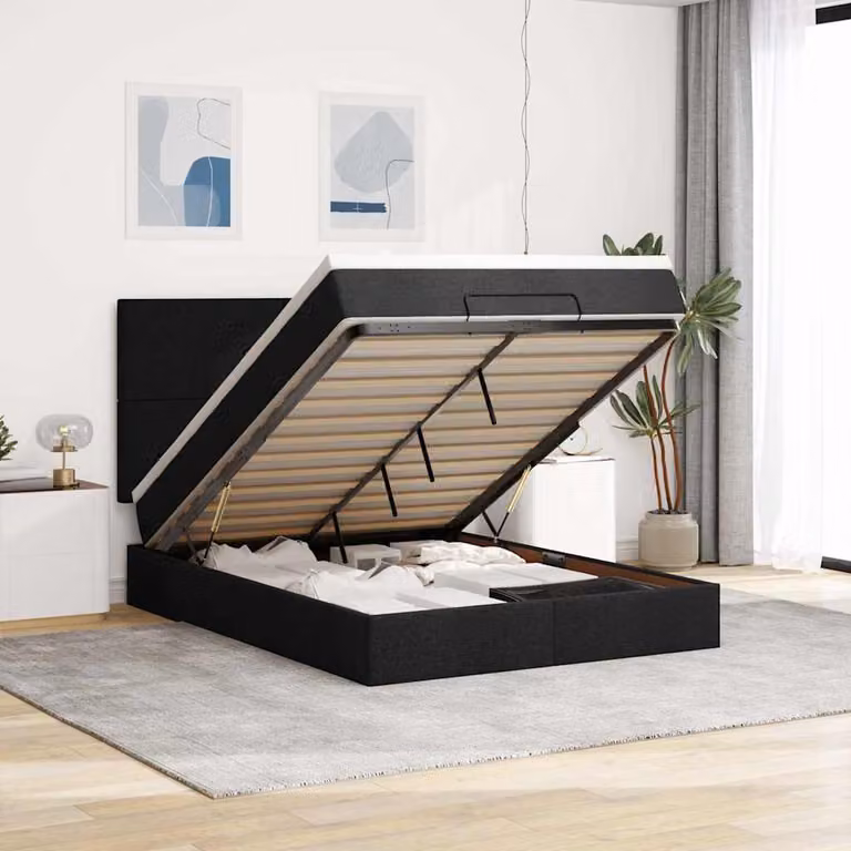 Letto moderno vidaXL con contenitore a sollevamento, materasso e illuminazione sottostante, nero e bianco, L/P: 140 x 190 cm