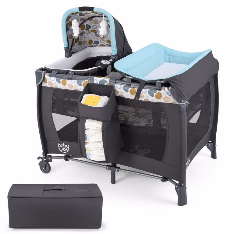 Costway Box portatile per bambini con culla a dondolo e fasciatoio, Lettino pieghevole per neonati e bambini fino a 3 anni, Blu