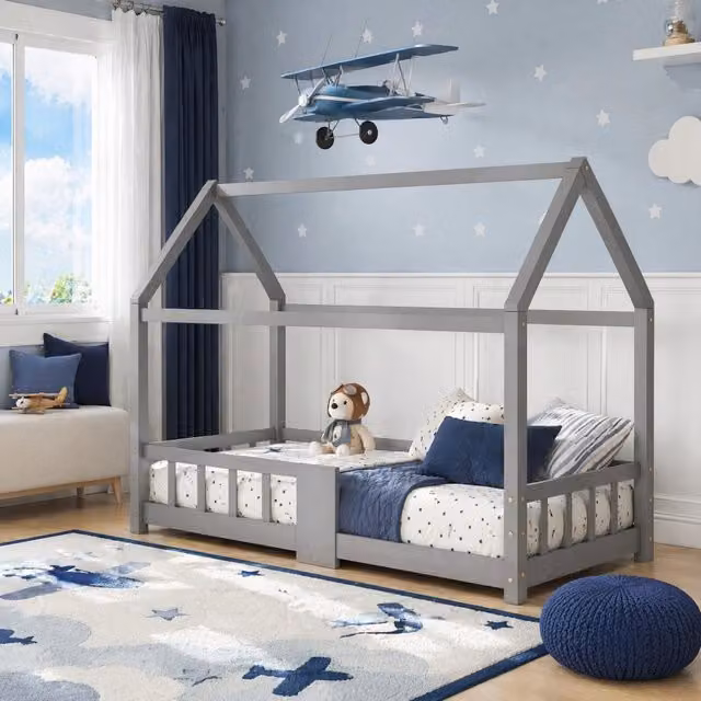 Letto a casetta FOLYNA per bambini in legno grigio con lavagna, protezione anticaduta e rete a doghe inclusa L/P/H: 207 x 90 x 120 cm