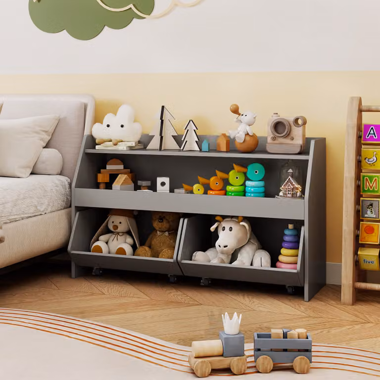 Scaffale porta giochi Costway in legno con 2 ripiani aperti e 2 cassetti a rotelle per bambini, organizzatore moderno per cameretta e soggiorno, Grigio