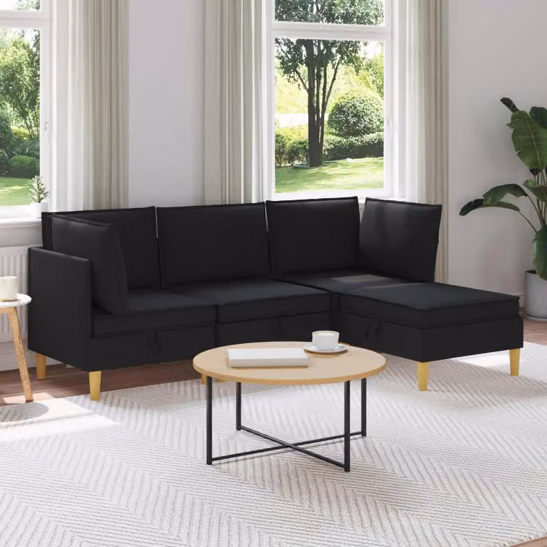 Set di divani modulari vidaXL a forma di L con sedute in tessuto e imbottitura in schiuma, 4 pezzi, Nero