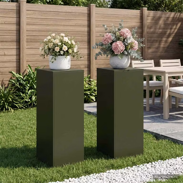 Set di 2 supporti per piante vidaXL in metallo verde oliva, L/P/H: 40 x 40 x 100 cm