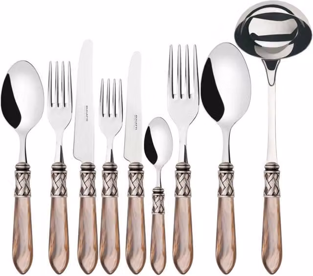 Set di posate Aladdin 75 pezzi in acciaio inossidabile con ghiera argento anticato e scatola Wenge, colore Onice