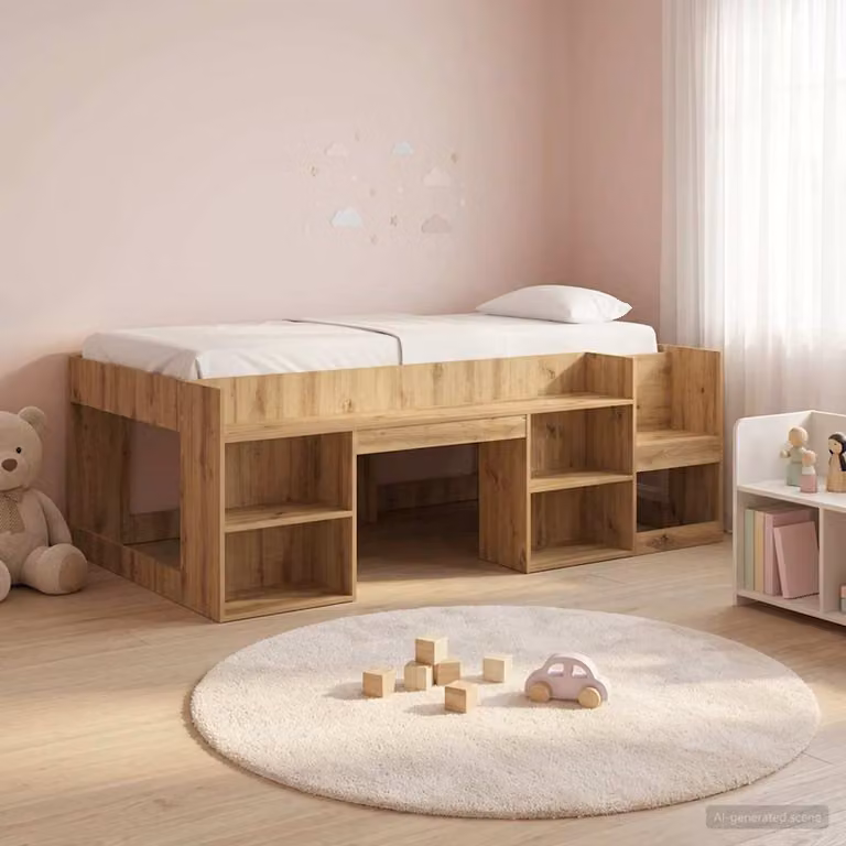 Letto singolo rialzato per bambini vidaXL con scomparti laterali in legno color rovere e marrone L/P/H: 200 x 80 x 105,5 cm