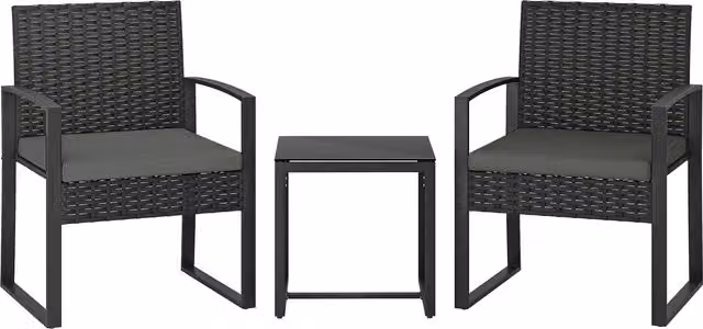 Set bistro da giardino Outsunny in rattan 3 pezzi con 2 sedie e tavolino, cuscini rimovibili, grigio scuro