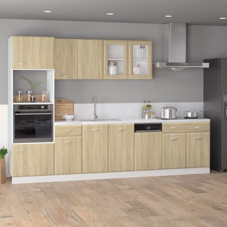 Set di mobili da cucina moderno vidaXL Lyon in legno e MDF, colore marrone e beige, con ante in vetro e scaffali aperti, 7 pezzi