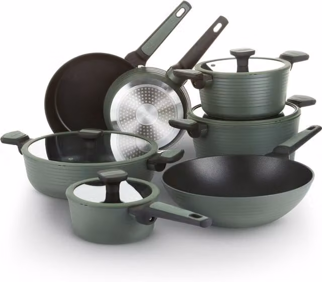 Set di pentole Kasanova da 11 pezzi con rivestimento antiaderente in alluminio e dettagli in silicone, colore verde