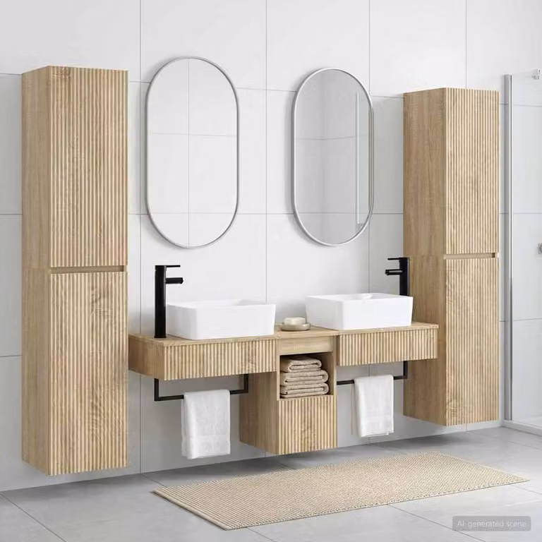 Set di mobili per il bagno moderno vidaXL in 5 pezzi colore Rovere Sonoma con vanità, pensili e armadietti a parete