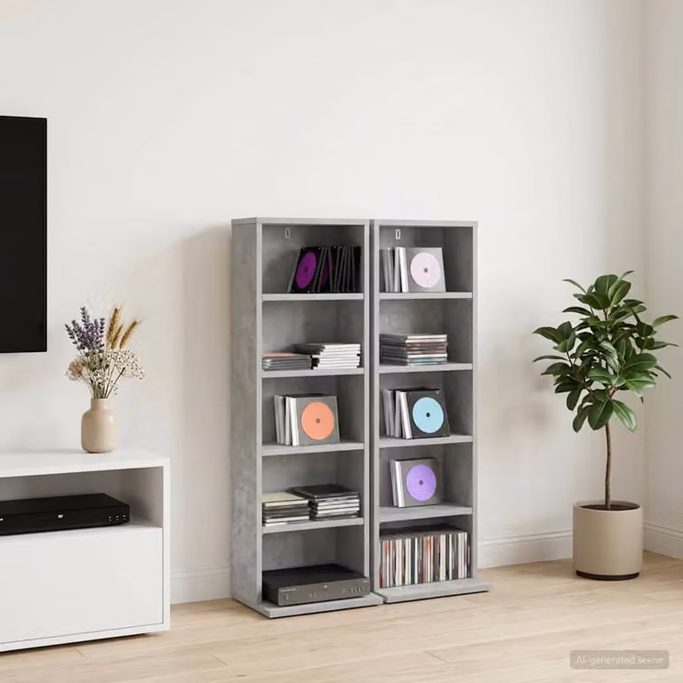 Set di 2 mobili porta CD vidaXL in MDF Grigio Cemento con ripiani regolabili, L: 33 cm, P: 23,5 cm, H: 97,5 cm