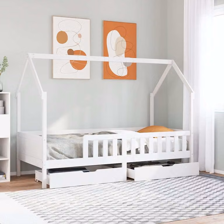 vidaXL Giroletto per Bambini in Legno Massello di Pino con Cassetti, Bianco, 90 x 200 cm