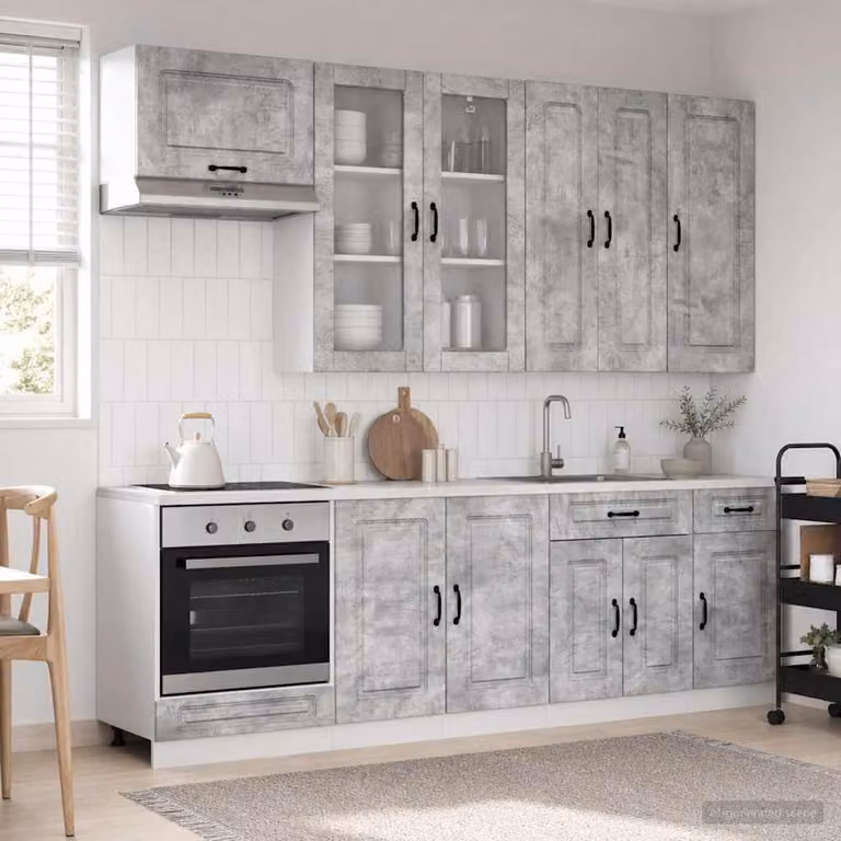 Unità cucina moderna vidaXL KALMAR in 8 pezzi, colore grigio, con ante in vetro e cassetti, in MDF e legno ingegnerizzato