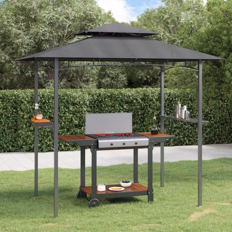 Gazebo per barbecue vidaXL con ripiani laterali in acciaio, colore antracite, L 240 x P 150 x H 243 cm