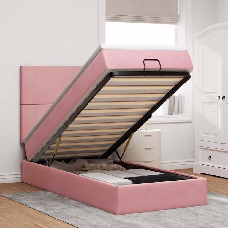 Letto con contenitore a sollevamento vidaXL in velluto rosa e bianco, L 203 x P 140 x H 90 cm