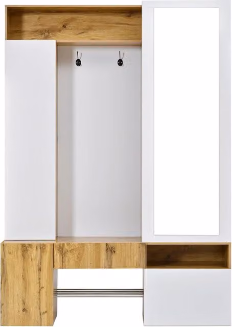 Mobile da ingresso moderno in MDF bianco con specchio, scarpiera, barra appendiabiti e ganci, L: 127 cm, P: 35 cm, H: 180.5 cm