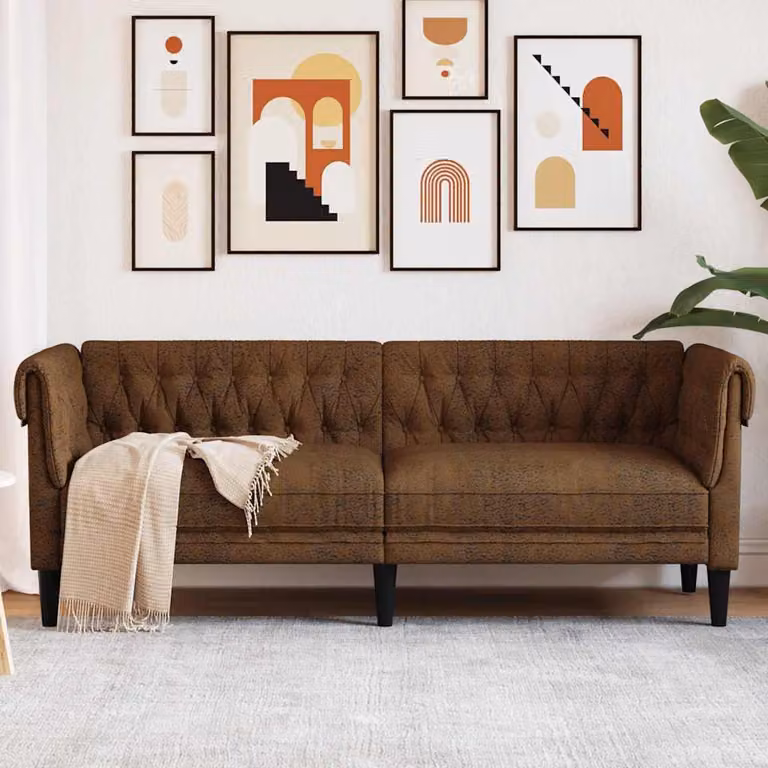 vidaXL Divano Chesterfield a 3 Posti in Tessuto Marrone con Struttura in Legno e Schiuma